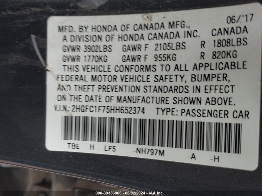 VIN 2HGFC1F75HH652374 2017 HONDA CIVIC EX-L