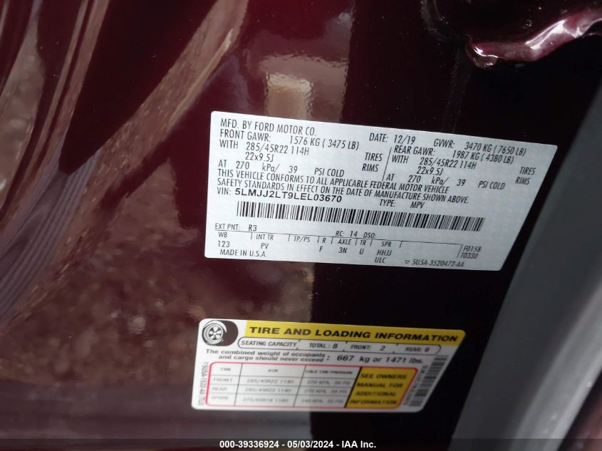 VIN 5LMJJ2LT9LEL03670 2020 LINCOLN NAVIGATOR RESERVE