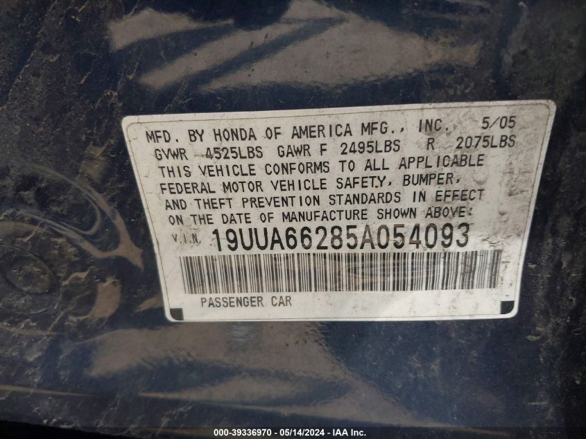 2005 Acura Tl VIN: 19UUA66285A054093 Lot: 39336970