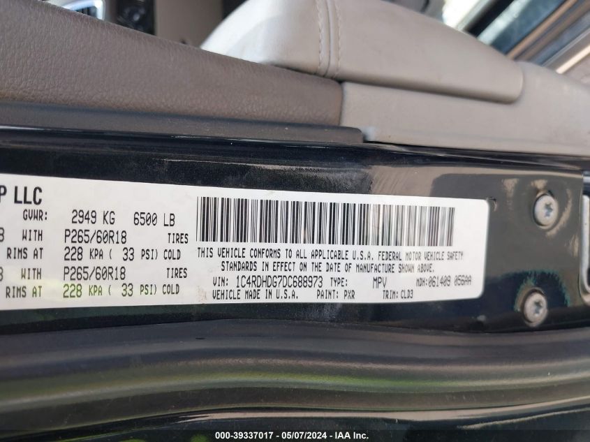 2013 Dodge Durango Crew VIN: 1C4RDHDG7DC688973 Lot: 39337017