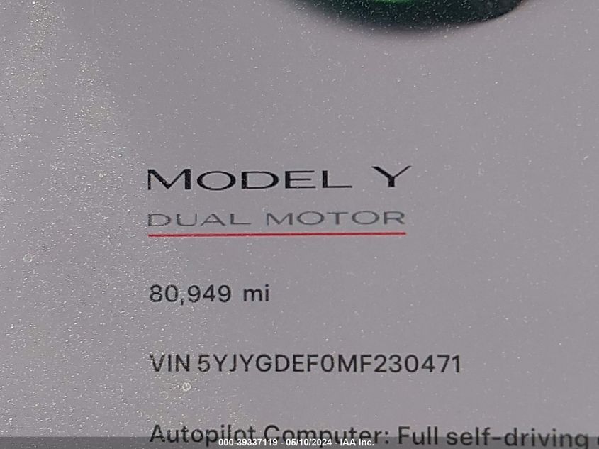 2021 Tesla Model Y Performance Dual Motor All-Wheel Drive VIN: 5YJYGDEF0MF230471 Lot: 39337119