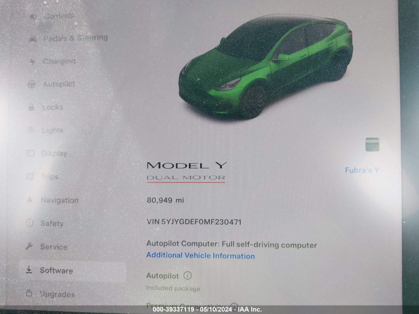 2021 Tesla Model Y Performance Dual Motor All-Wheel Drive VIN: 5YJYGDEF0MF230471 Lot: 39337119