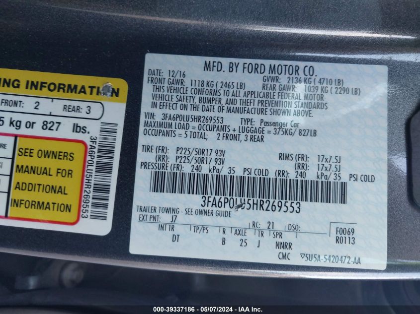 VIN 3FA6P0LU5HR269553 2017 FORD FUSION HYBRID no.9