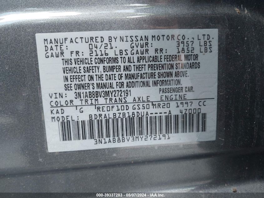 2021 Nissan Sentra S Xtronic Cvt VIN: 3N1AB8BV3MY272191 Lot: 39337283