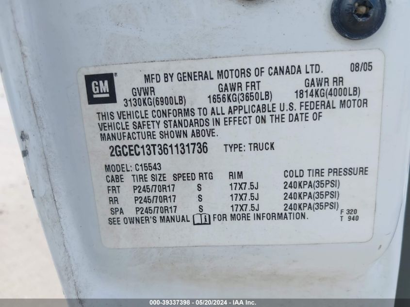 2006 Chevrolet Silverado 1500 Lt1 VIN: 2GCEC13T361131736 Lot: 39337398