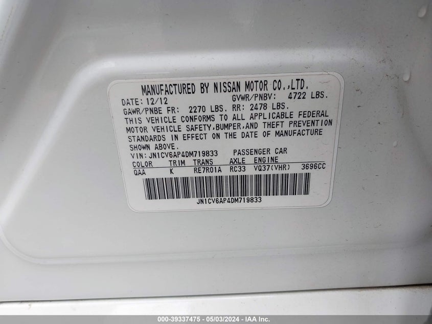 2013 INFINITI G37 JOURNEY JN1CV6AP4DM719833