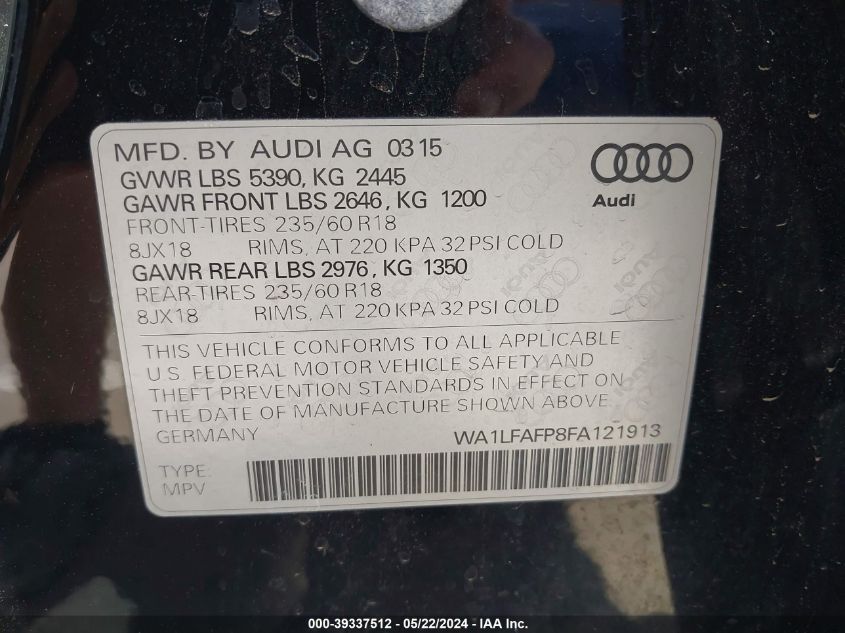 2015 Audi Q5 2.0T Premium VIN: WA1LFAFP8FA121913 Lot: 39337512