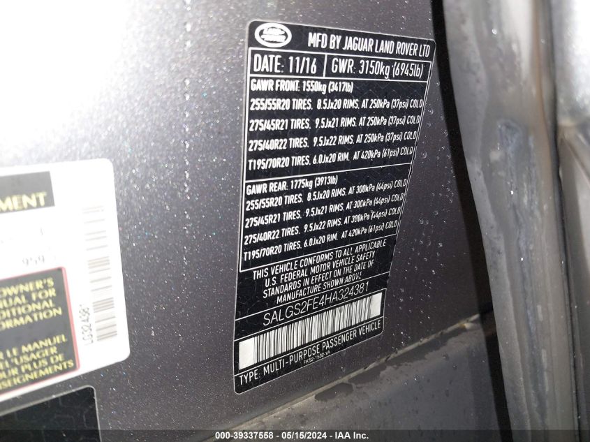 2017 Land Rover Range Rover 5.0L V8 Supercharged VIN: SALGS2FE4HA324381 Lot: 39337558