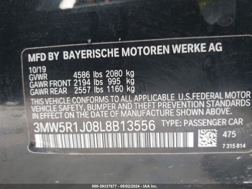 2020 BMW 330I VIN: 3MW5R1J08L8B13556 Lot: 39337677