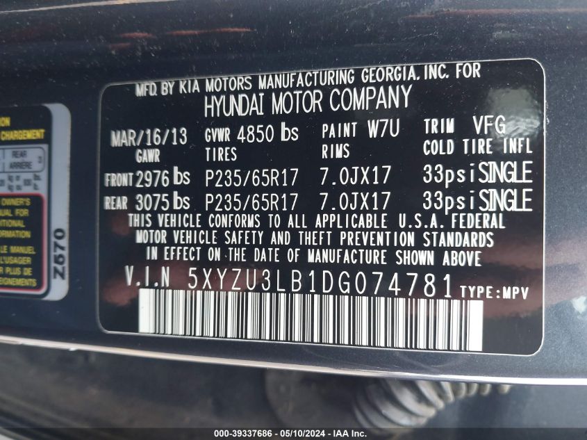 2013 Hyundai Santa Fe Sport VIN: 5XYZU3LB1DG074781 Lot: 39337686