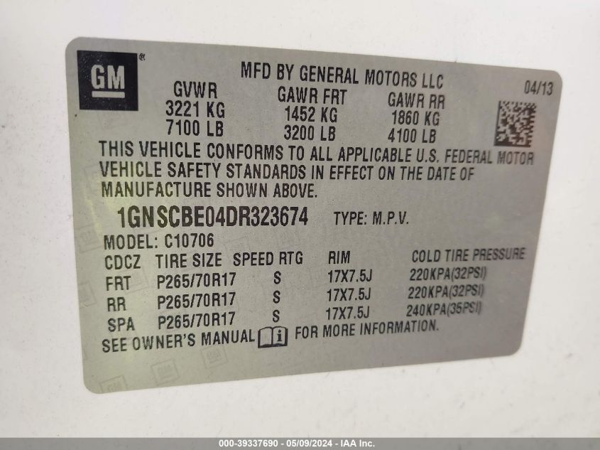 2013 Chevrolet Tahoe Lt VIN: 1GNSCBE04DR323674 Lot: 39337690