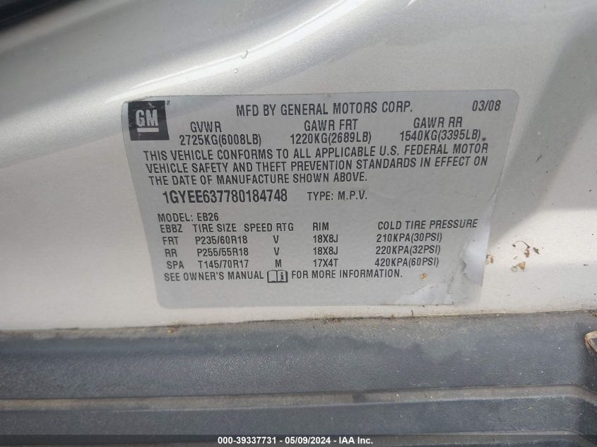 2008 Cadillac Srx V6 VIN: 1GYEE637780184748 Lot: 39337731