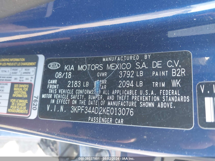 VIN 3KPF34AD2KE013076 2019 KIA FORTE S