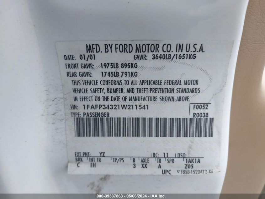 1FAFP34321W211541 | 2001 FORD FOCUS