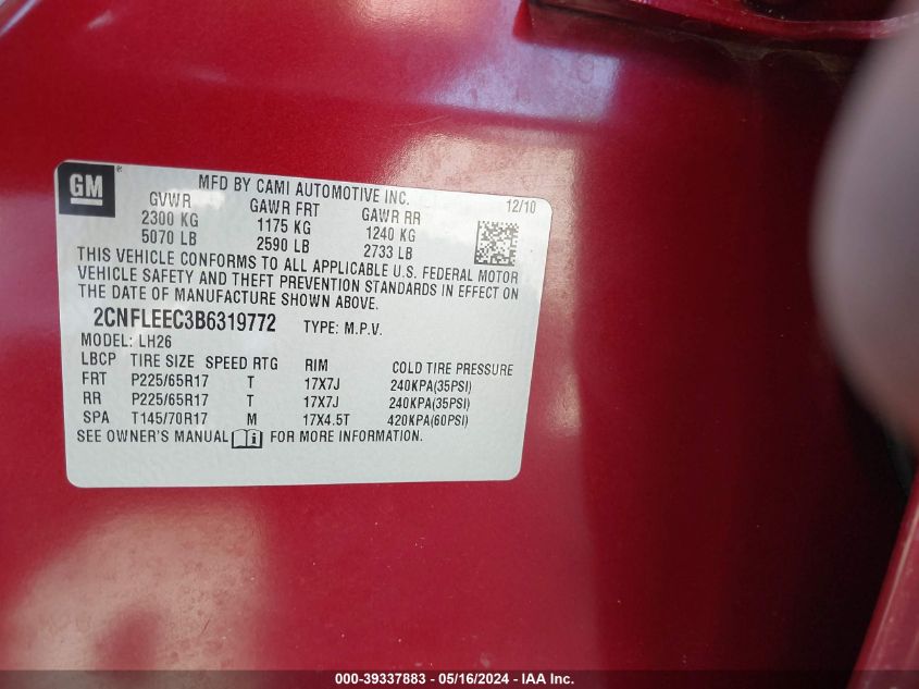 2011 Chevrolet Equinox 1Lt VIN: 2CNFLEEC3B6319772 Lot: 39337883