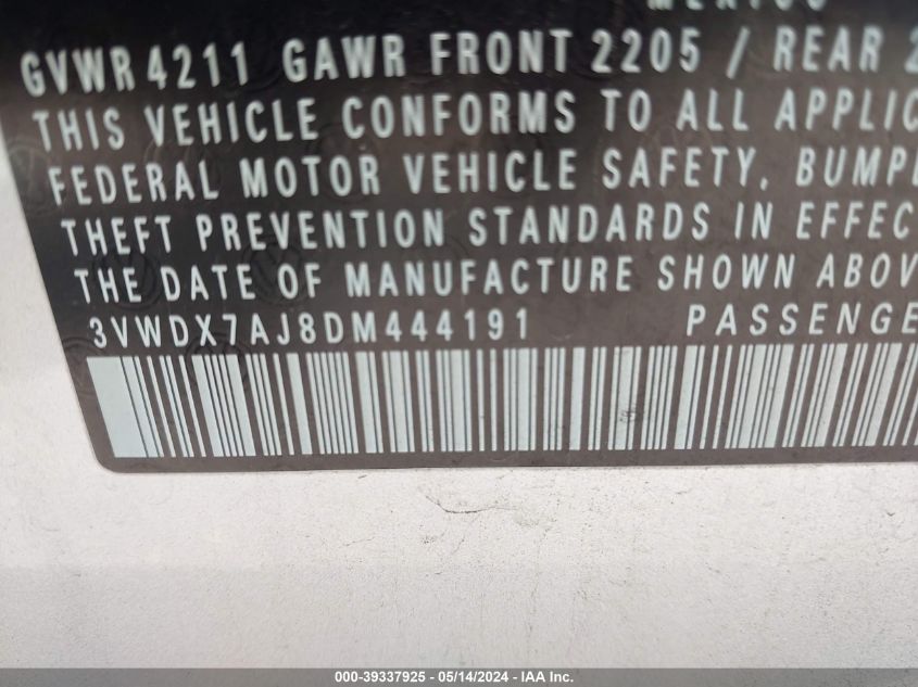 2013 Volkswagen Jetta 2.5L Se VIN: 3VWDX7AJ8DM444191 Lot: 39337925