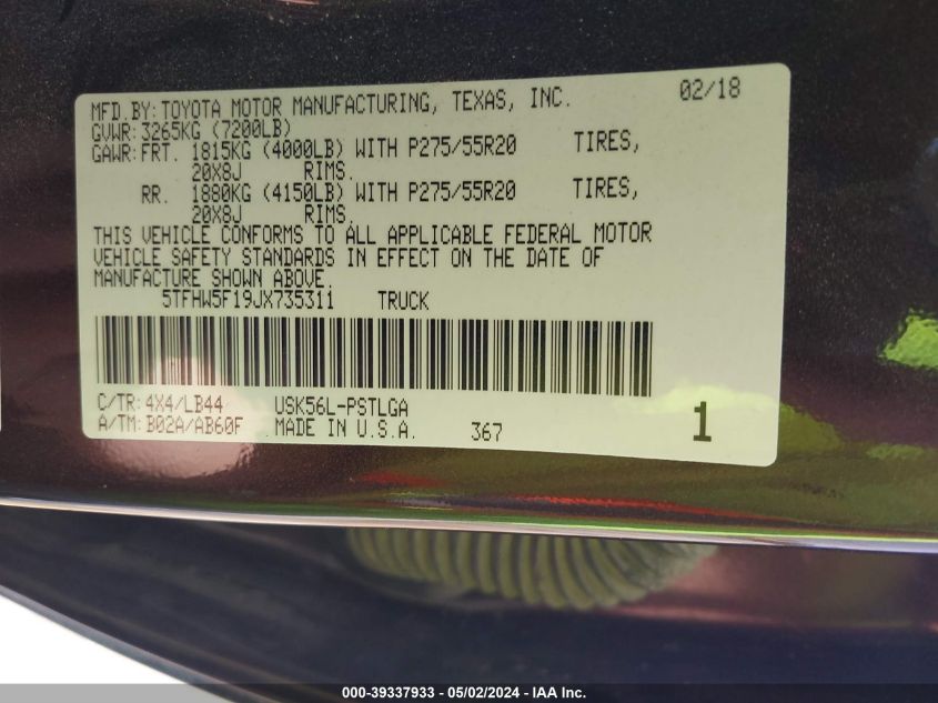 5TFHW5F19JX735311 2018 Toyota Tundra Limited 5.7L V8