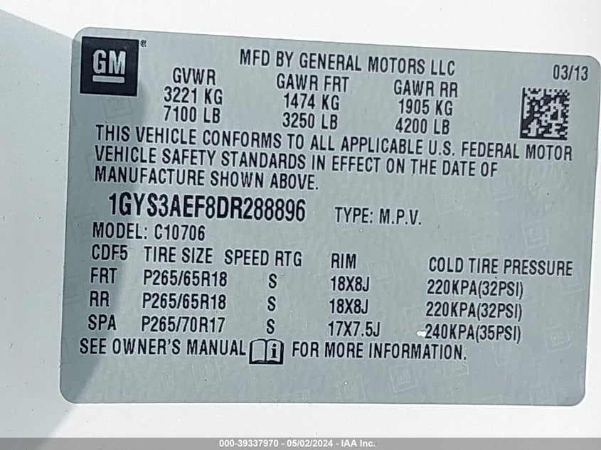 2013 CADILLAC ESCALADE STANDARD - 1GYS3AEF8DR288896
