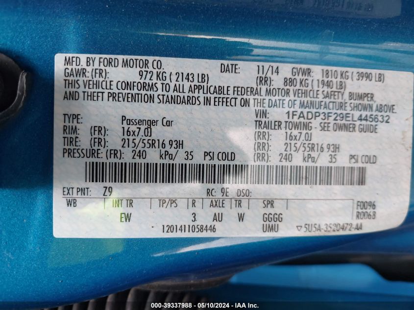 2014 Ford Focus Se VIN: 1FADP3F29EL445632 Lot: 39337988