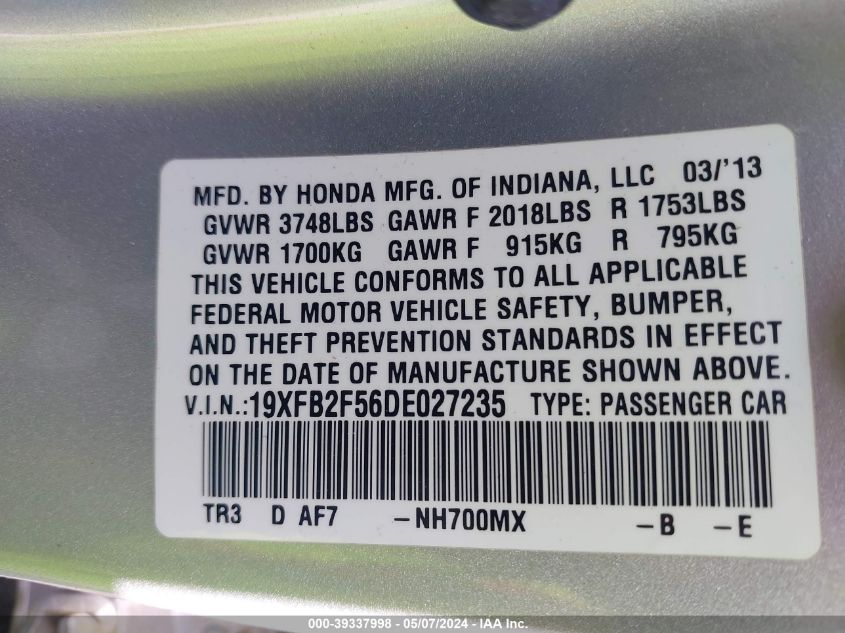 2013 Honda Civic Lx VIN: 19XFB2F56DE027235 Lot: 39337998