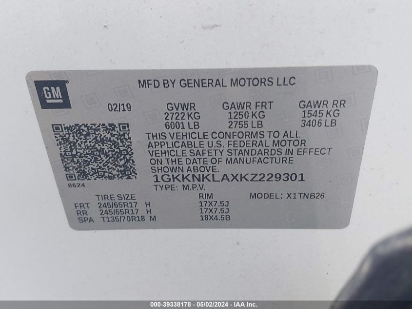 2019 GMC Acadia Sle-1 VIN: 1GKKNKLAXKZ229301 Lot: 39338178