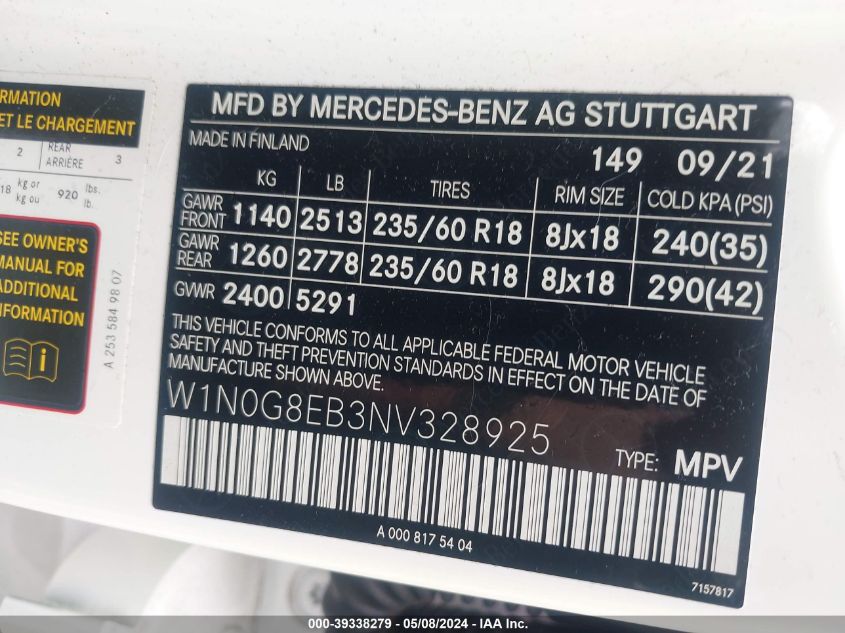 2022 Mercedes-Benz Glc 300 4Matic Suv VIN: W1N0G8EB3NV328925 Lot: 39338279