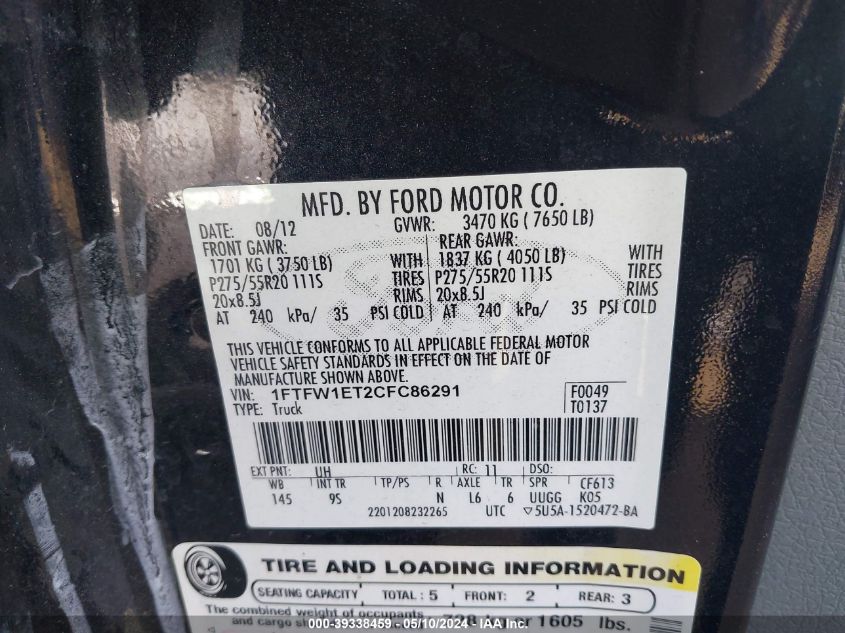 2012 Ford F-150 Platinum VIN: 1FTFW1ET2CFC86291 Lot: 39338459