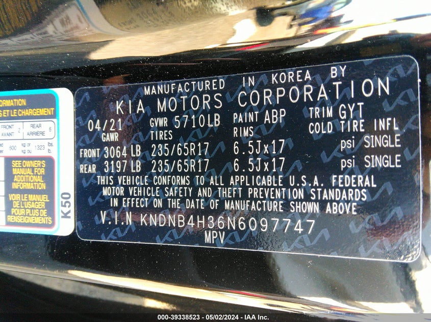 2022 KIA CARNIVAL MPV LX SEAT PACKAGE KNDNB4H36N6097747