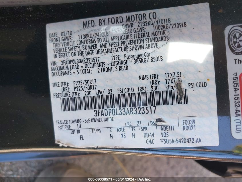 3FADP0L33AR323517 | 2010 FORD FUSION HYBRID