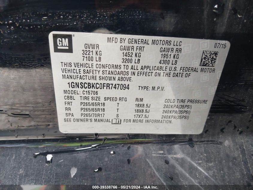2015 Chevrolet Tahoe Lt VIN: 1GNSCBKC0FR747094 Lot: 39338766