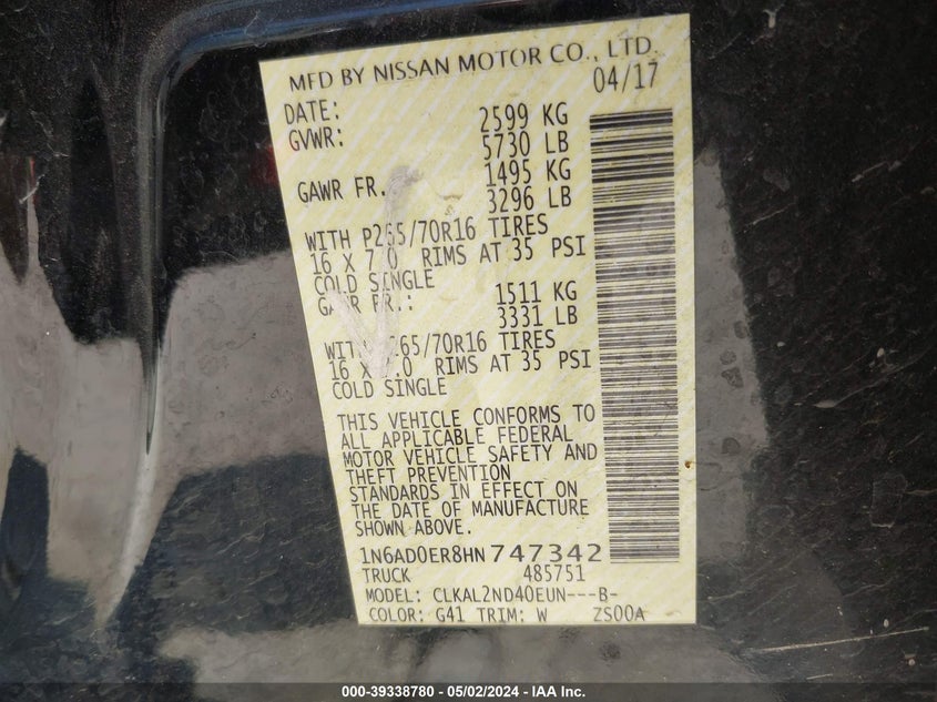 2017 NISSAN FRONTIER SV - 1N6AD0ER8HN747342