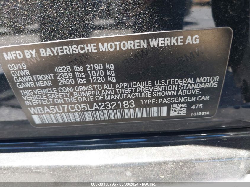 2020 BMW 3 Series M340I VIN: WBA5U7C05LA232183 Lot: 39338796