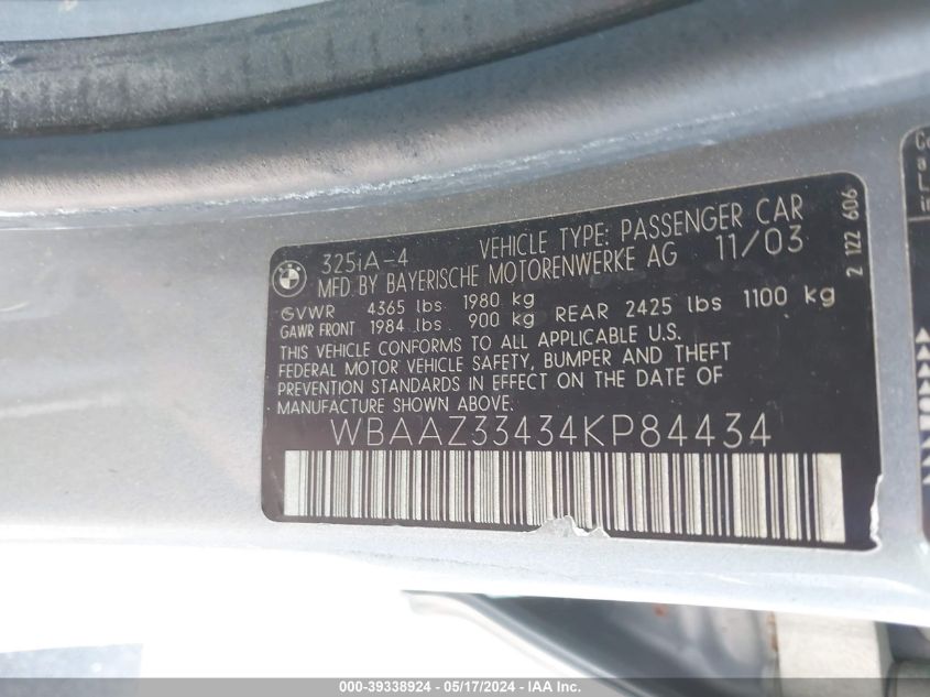 2004 BMW 325I VIN: WBAAZ33434KP84434 Lot: 39338924