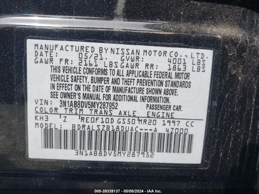 2021 Nissan Sentra Sr Xtronic Cvt VIN: 3N1AB8DV5MY287952 Lot: 39339137