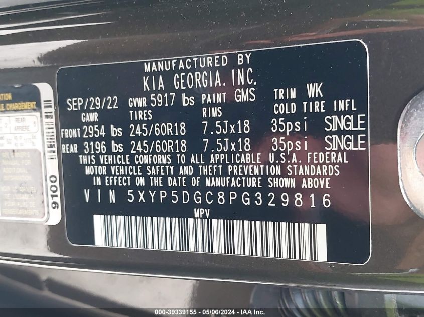 2023 Kia Telluride Sx Prestige X-Pro VIN: 5XYP5DGC8PG329816 Lot: 39339155