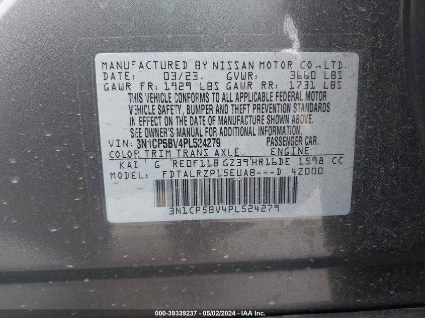 2023 NISSAN KICKS 1.6L I4   N(VIN: 3N1CP5BV4PL524279