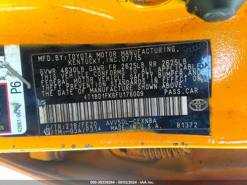 2015 Toyota Camry Hybrid Le VIN: 4T1BD1FK6FU176009 Lot: 39339284