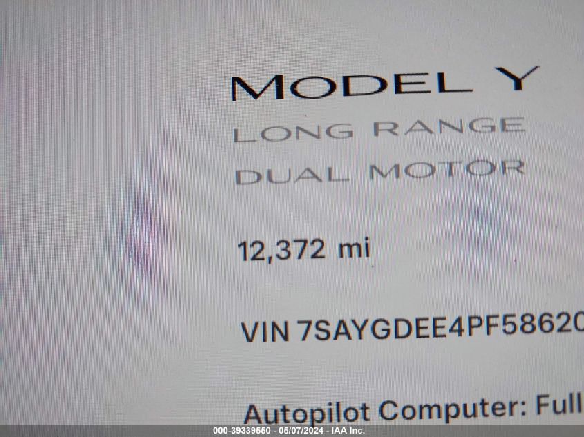 2023 Tesla Model Y Awd/Long Range Dual Motor All-Wheel Drive VIN: 7SAYGDEE4PF586209 Lot: 39339550