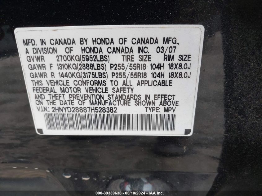 2007 Acura Mdx Sport Package VIN: 2HNYD28887H528382 Lot: 39339635