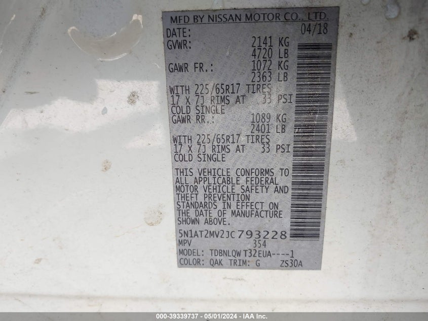 VIN 5N1AT2MV2JC793228 2018 NISSAN ROGUE SV