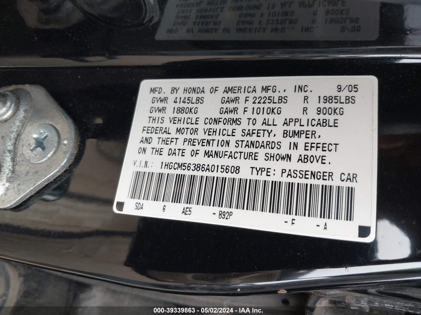 1HGCM56386A015608 2006 Honda Accord 2.4 Se