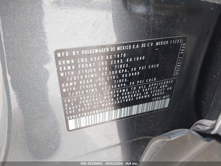 VIN 3VVLX7B28NM040932 2022 VOLKSWAGEN TAOS 1.5T SE