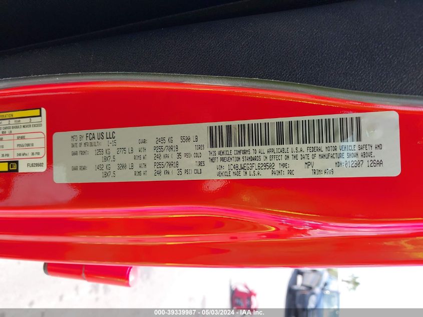 2015 Jeep Wrangler Unlimited Sahara VIN: 1C4BJWEG3FL629502 Lot: 39339987