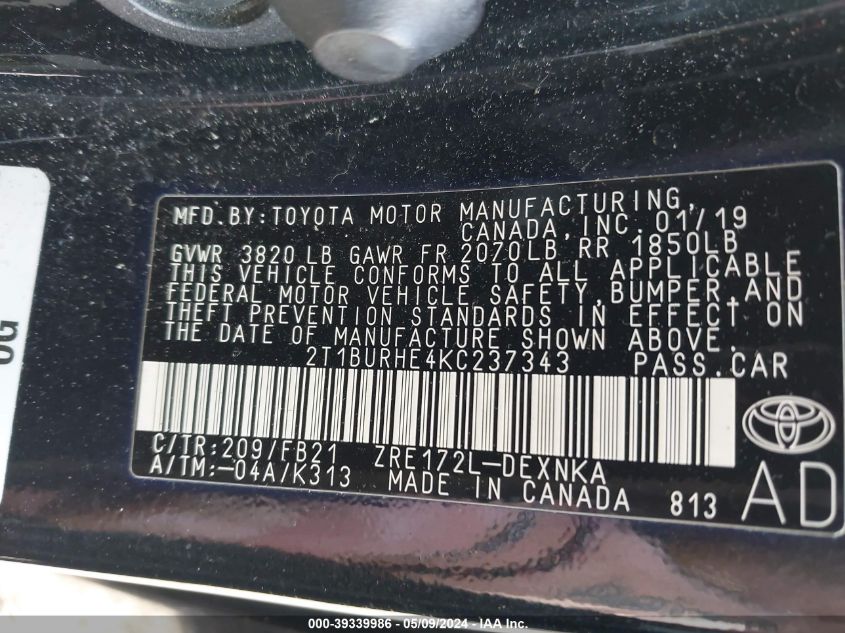 2019 TOYOTA COROLLA LE - 2T1BURHE4KC237343