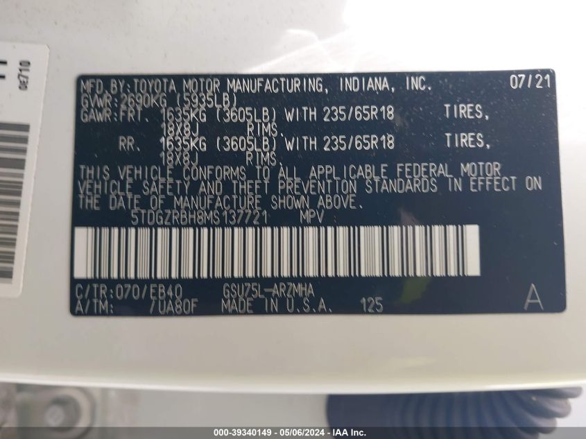 2021 TOYOTA HIGHLANDER VIN: 5TDGZRBH8MS137721