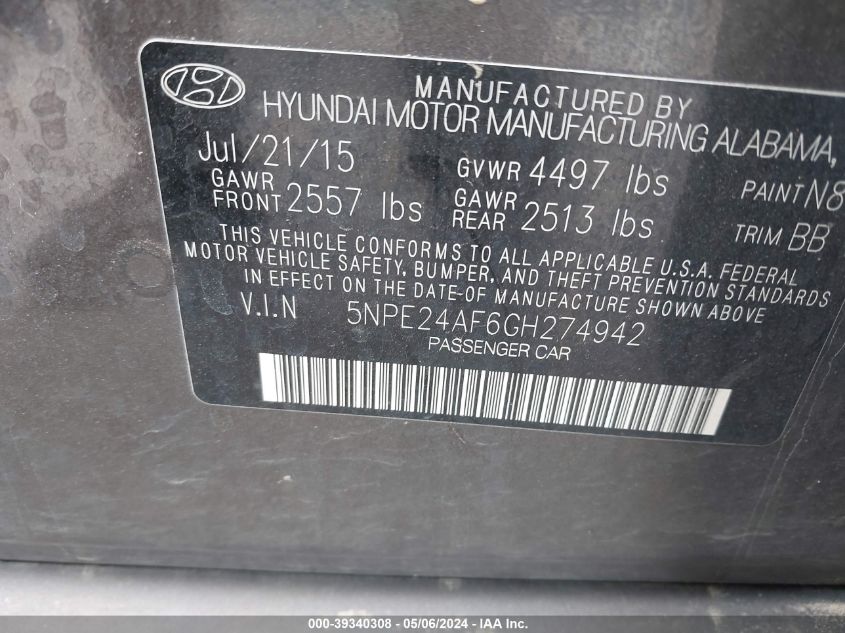 2016 HYUNDAI SONATA SE - 5NPE24AF6GH274942
