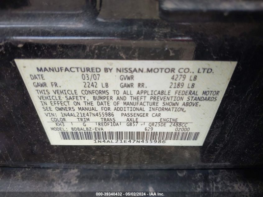 1N4AL21E47N455986 2007 Nissan Altima 2.5 S