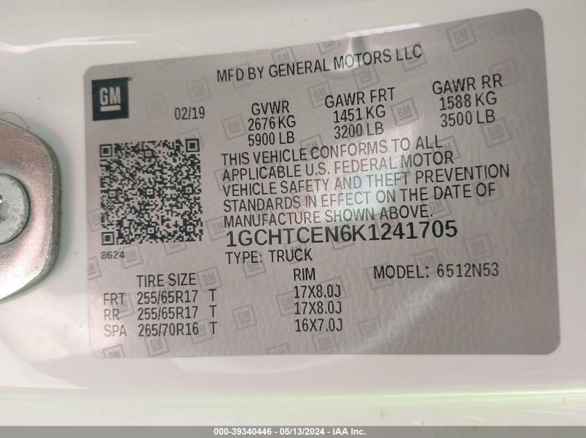 2019 Chevrolet Colorado Lt VIN: 1GCHTCEN6K1241705 Lot: 39340446