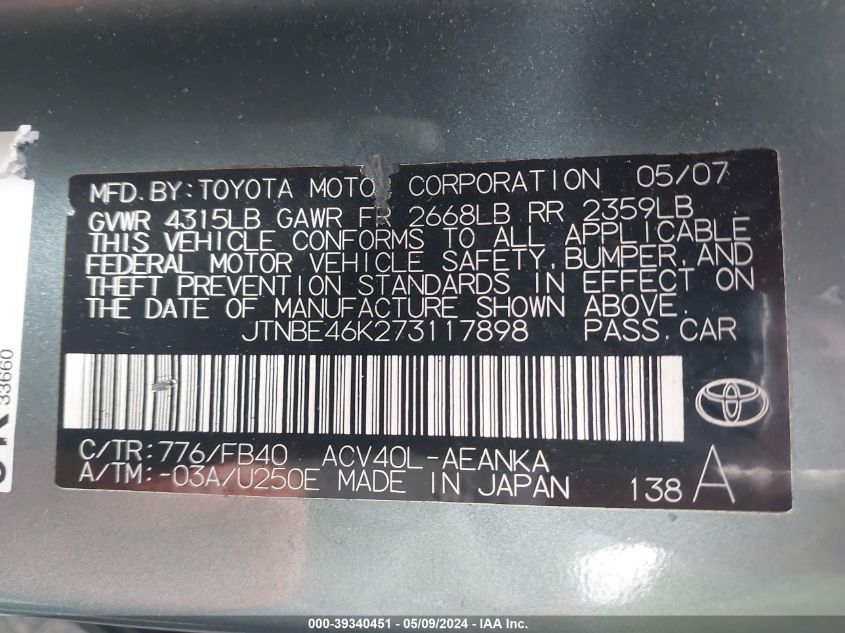 2007 Toyota Camry Le VIN: JTNBE46K273117898 Lot: 39340451