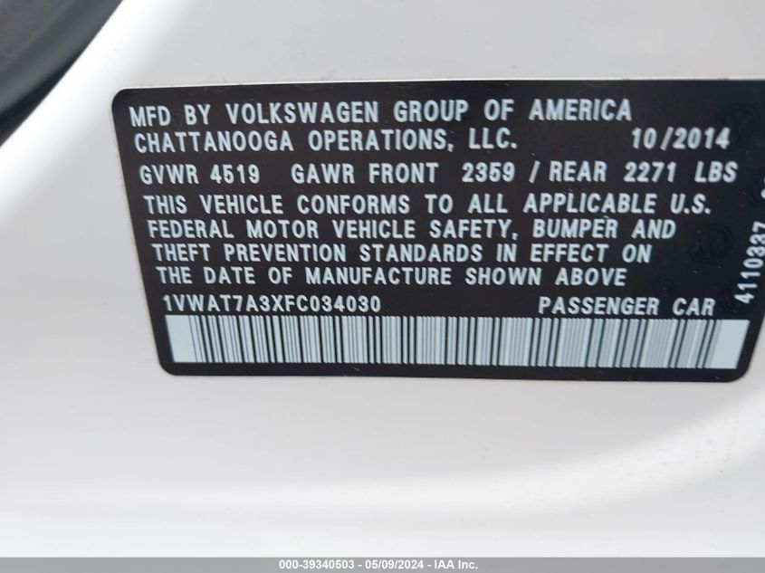 2015 Volkswagen Passat 1.8T Wolfsburg Edition VIN: 1VWAT7A3XFC034030 Lot: 39340503